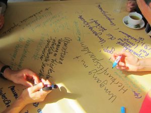 World Café mit Leitfragen zum Austausch und schriftlichem Dialog