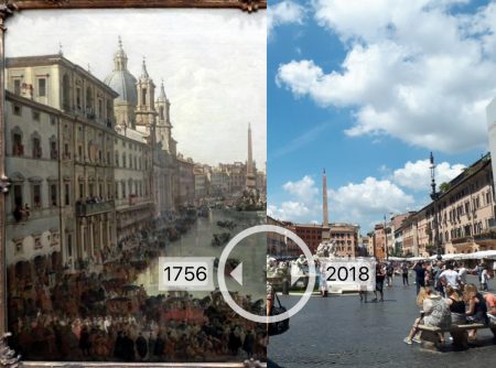 Bildvergleichsfunktion in einer von den Studierenden erstellten Future History Tour: Die Piazza Navona 2018 und ein Gemälde von 1756